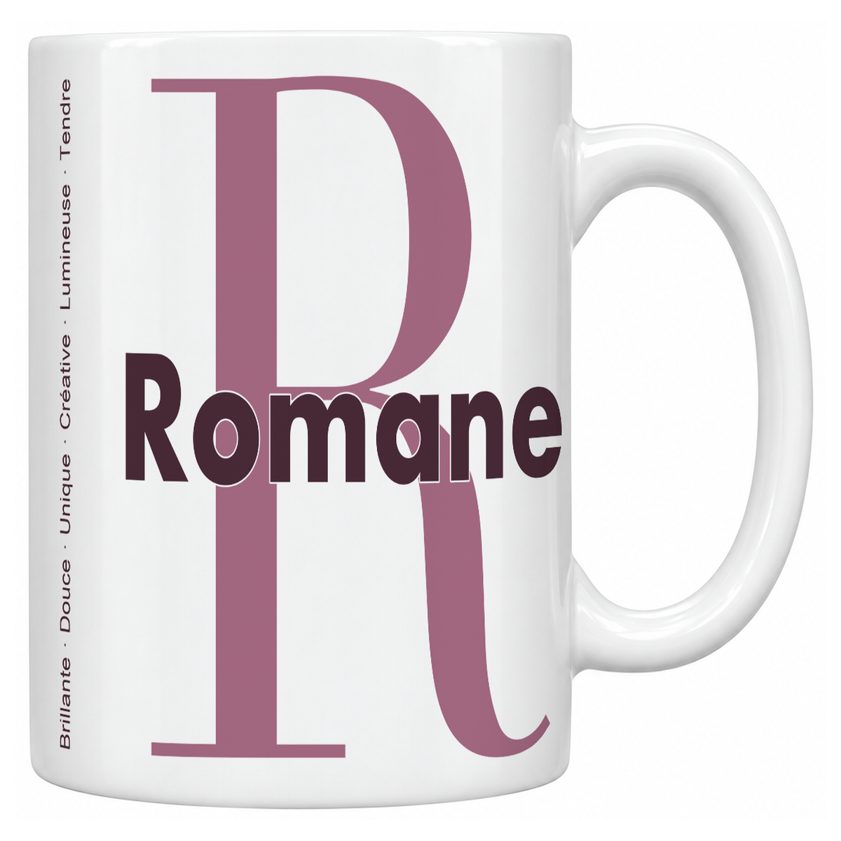 Mug blanc céramique 330 ml prénom Romane : grande initiale R, prénom Romane en lettres bold et six qualités verticales sur le côté
