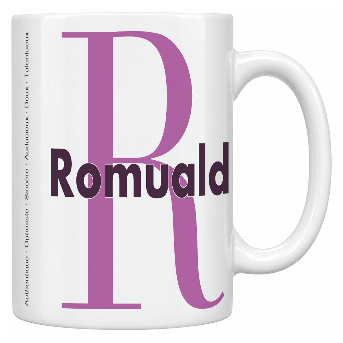 Mug blanc céramique 330 ml prénom Romuald : grande initiale R, prénom Romuald en lettres bold et six qualités verticales sur le côté