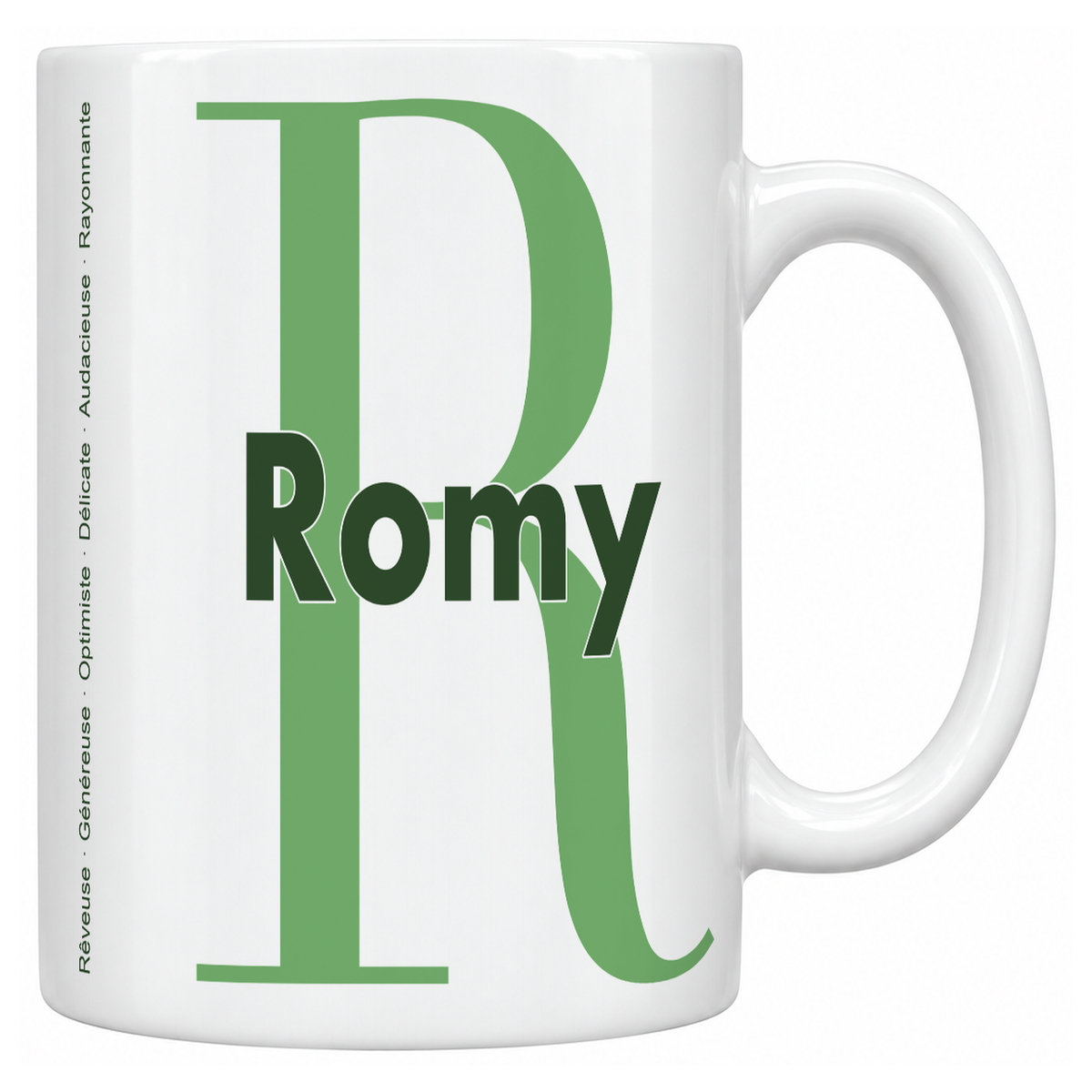 Mug blanc céramique 330 ml prénom Romy : grande initiale R, prénom Romy en lettres bold et six qualités verticales sur le côté