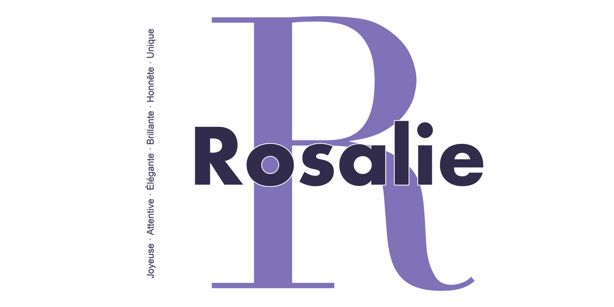 Visuel à plat du mug prénom Rosalie : initiale R pleine hauteur, prénom Rosalie centré et ligne verticale « Joyeuse · Attentive · Élégante · Brillante · Honnête · Unique »