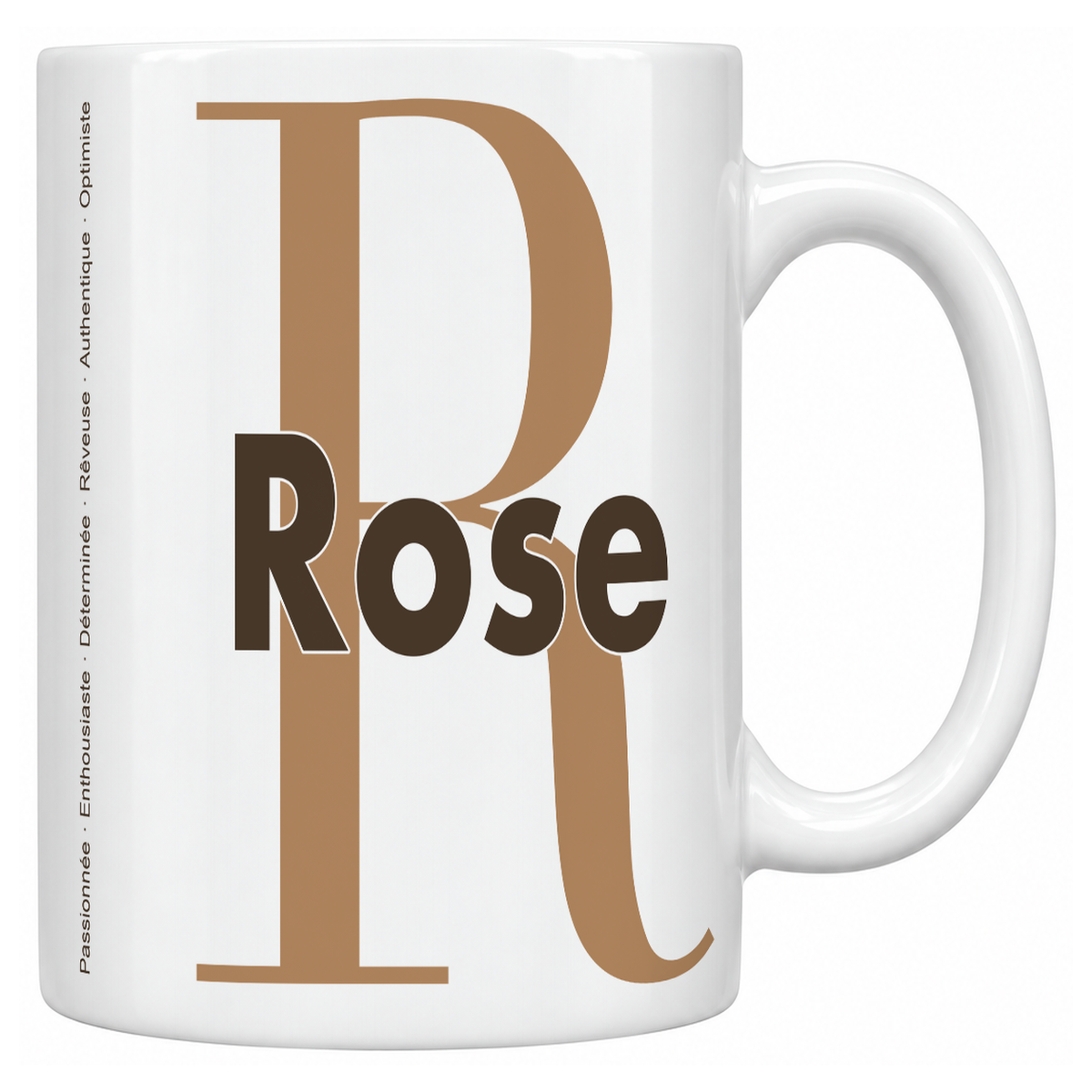 Mug blanc céramique 330 ml prénom Rose : grande initiale R, prénom Rose en lettres bold et six qualités verticales sur le côté