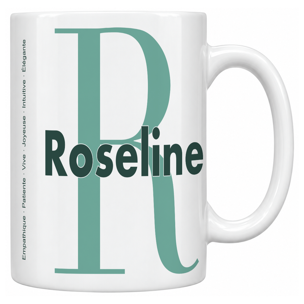 Mug blanc céramique 330 ml prénom Roseline : grande initiale R, prénom Roseline en lettres bold et six qualités verticales sur le côté