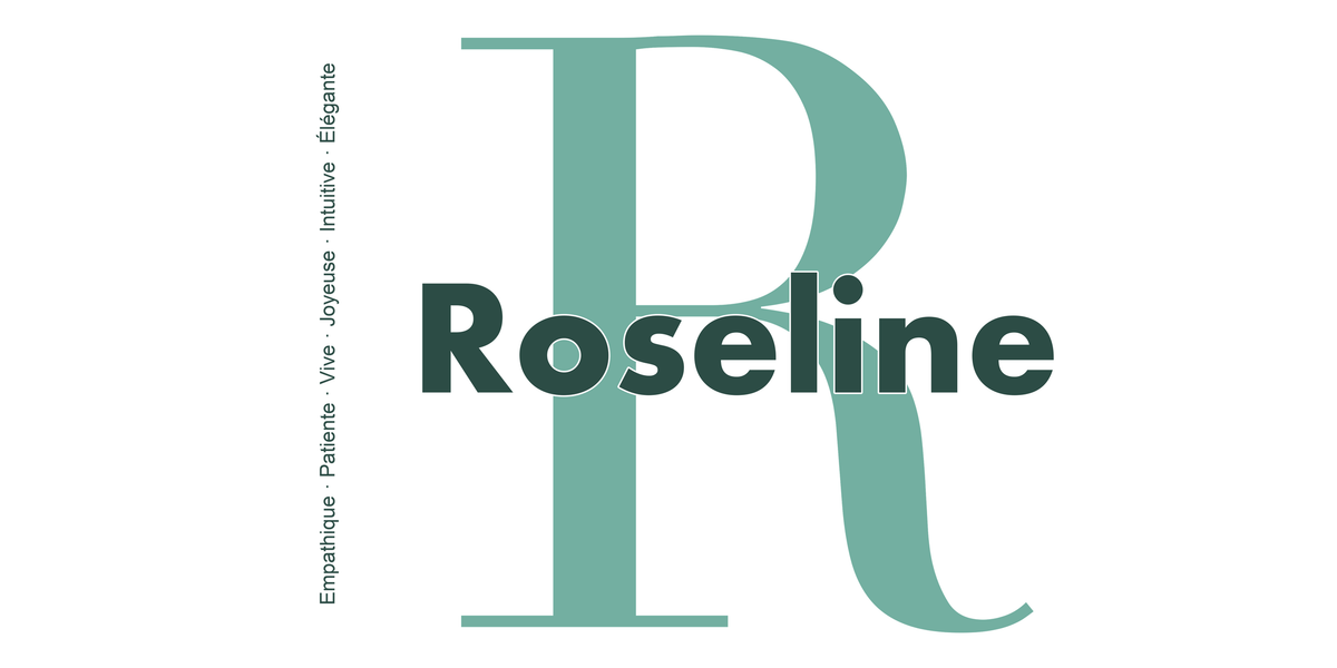 Visuel à plat du mug prénom Roseline : initiale R pleine hauteur, prénom Roseline centré et ligne verticale « Empathique · Patiente · Vive · Joyeuse · Intuitive · Élégante »