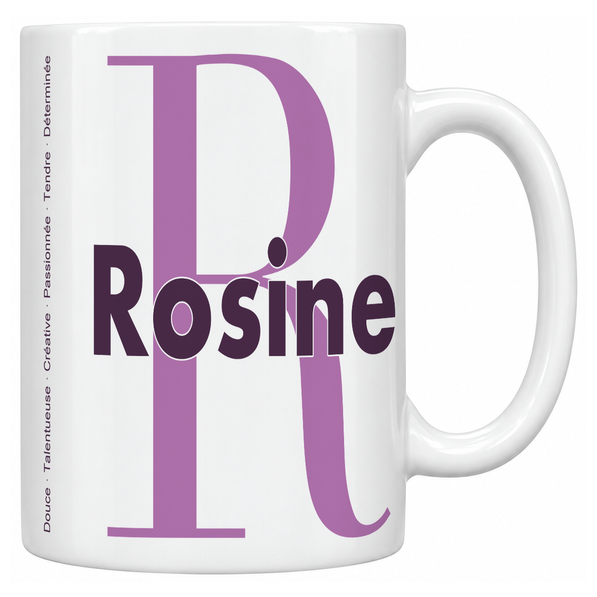 Mug blanc céramique 330 ml prénom Rosine : grande initiale R, prénom Rosine en lettres bold et six qualités verticales sur le côté