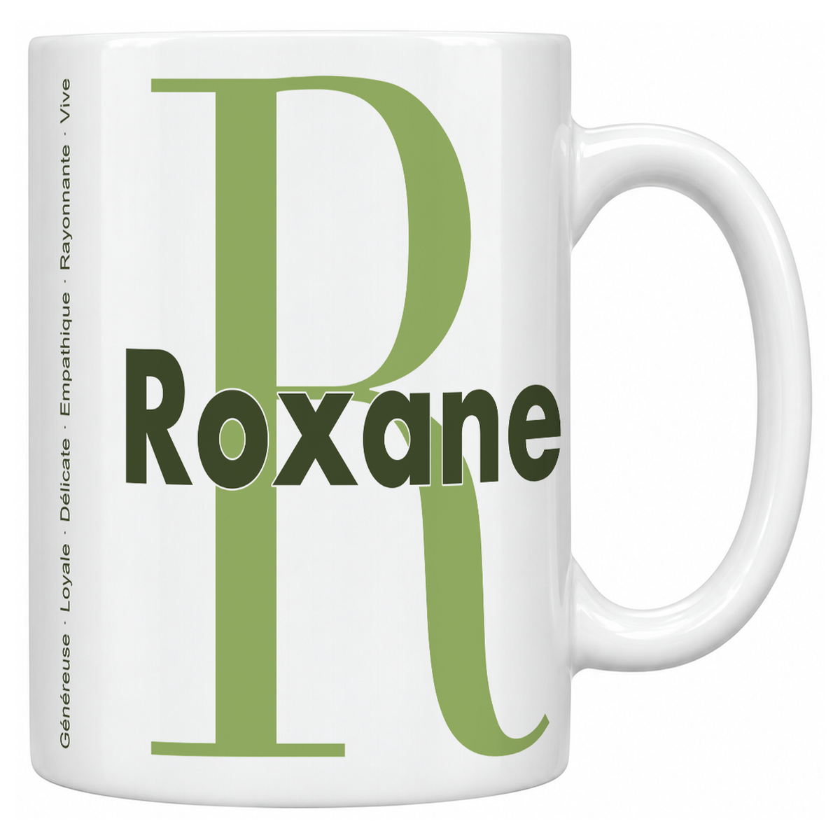Mug blanc céramique 330 ml prénom Roxane : grande initiale R, prénom Roxane en lettres bold et six qualités verticales sur le côté