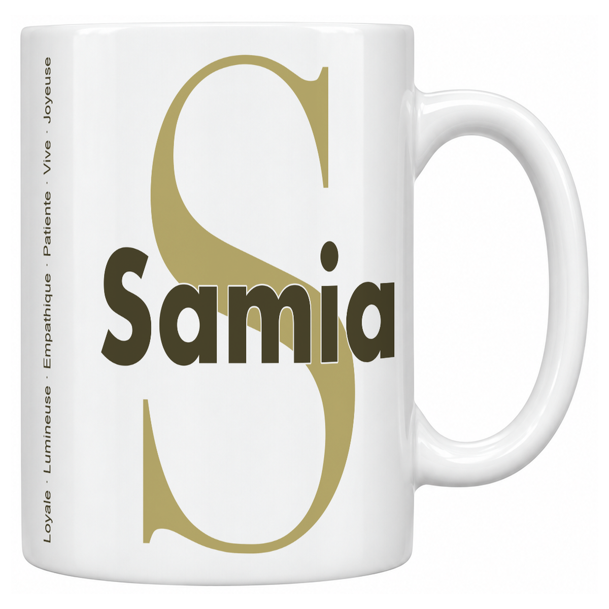 Mug blanc céramique 330 ml prénom Samia : grande initiale S, prénom Samia en lettres bold et six qualités verticales sur le côté