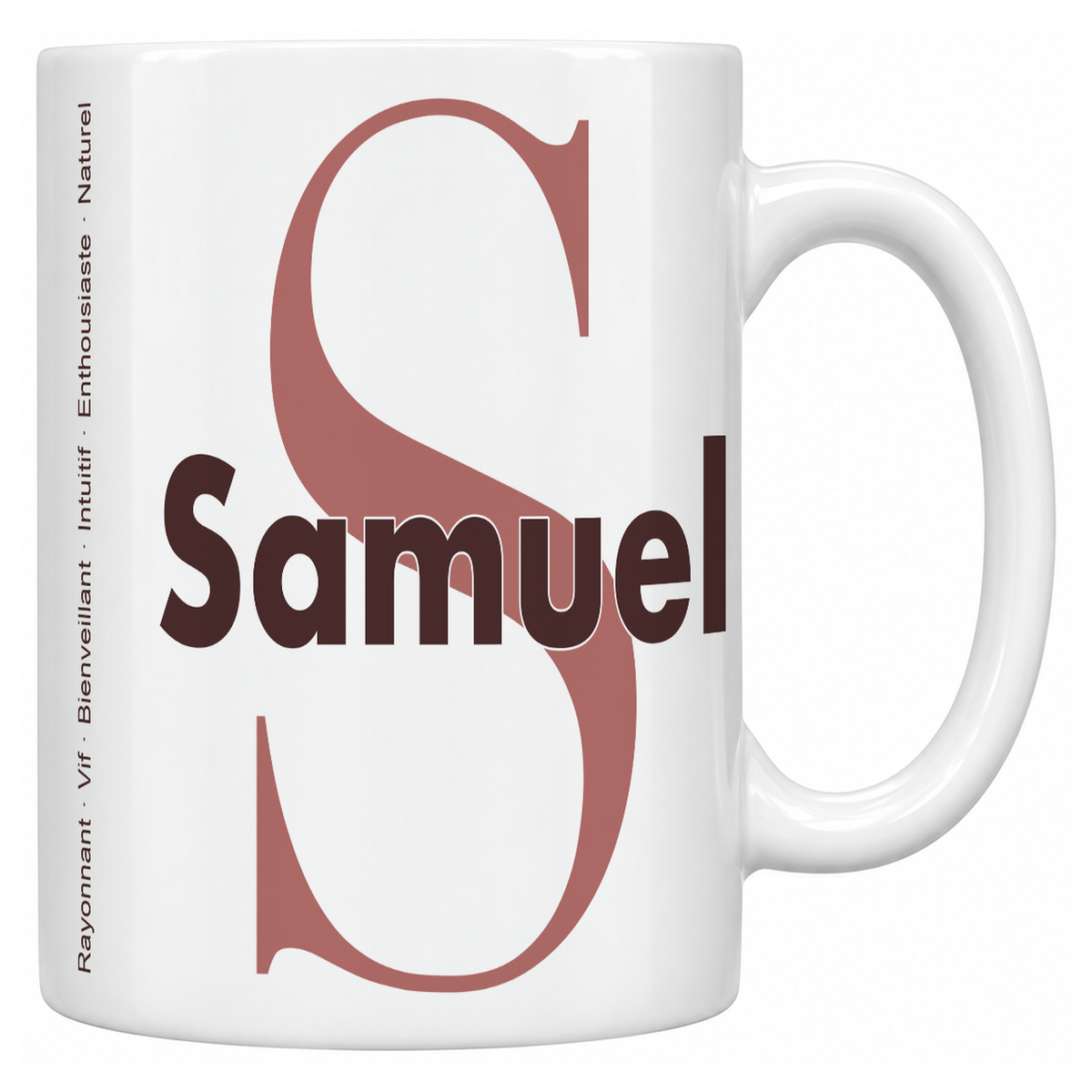 Mug blanc céramique 330 ml prénom Samuel : grande initiale S, prénom Samuel en lettres bold et six qualités verticales sur le côté