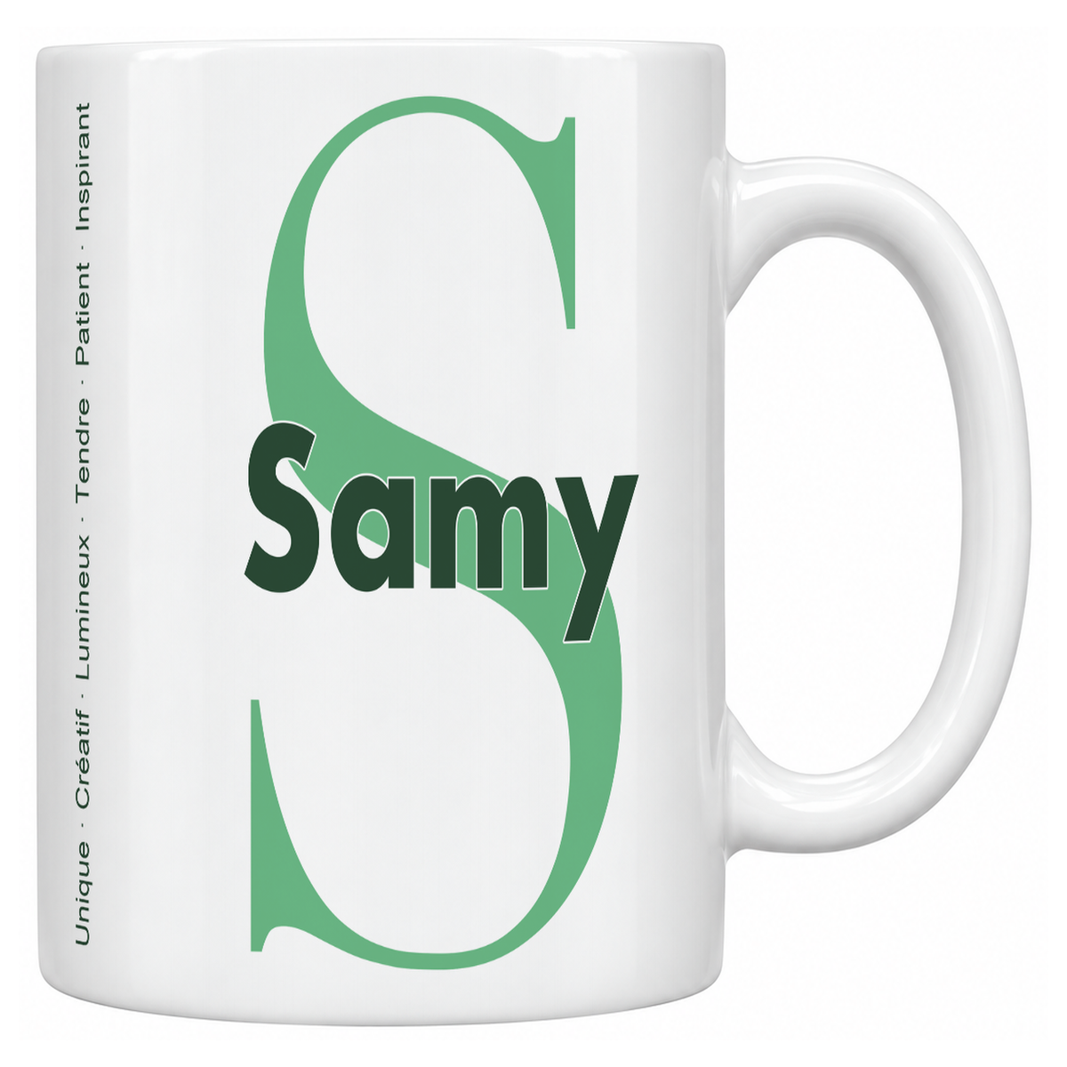 Mug blanc céramique 330 ml prénom Samy : grande initiale S, prénom Samy en lettres bold et six qualités verticales sur le côté