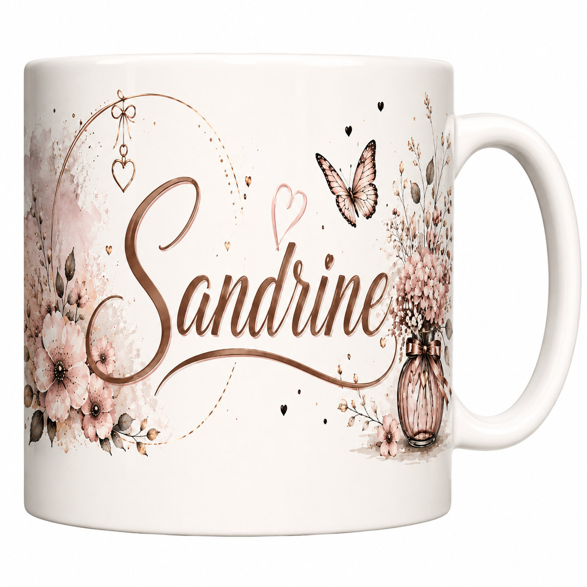 Mug Prénom Sandrine en céramique blanche, calligraphie brun rosé satinée et vase d'hortensias