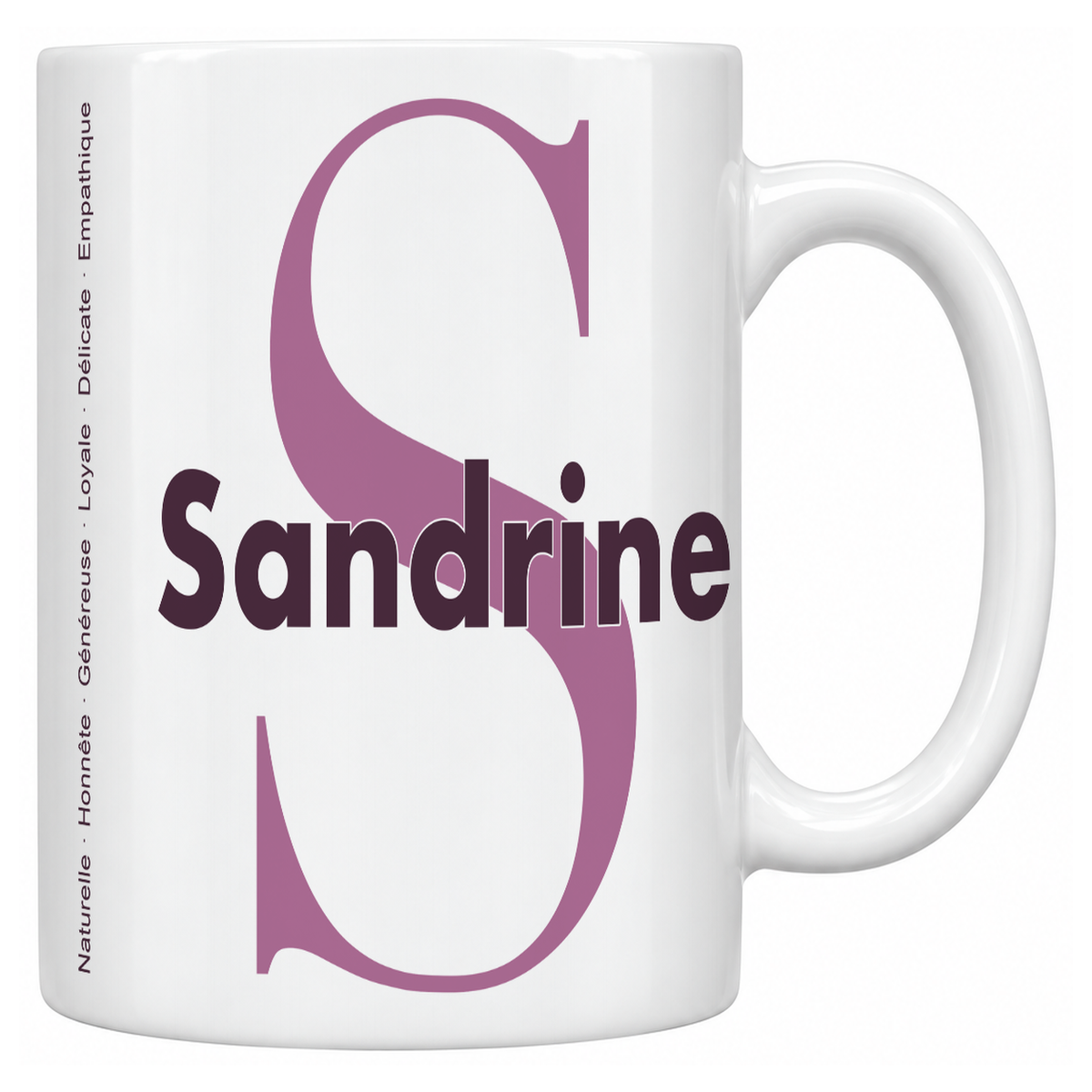 Mug blanc céramique 330 ml prénom Sandrine : grande initiale S, prénom Sandrine en lettres bold et six qualités verticales sur le côté