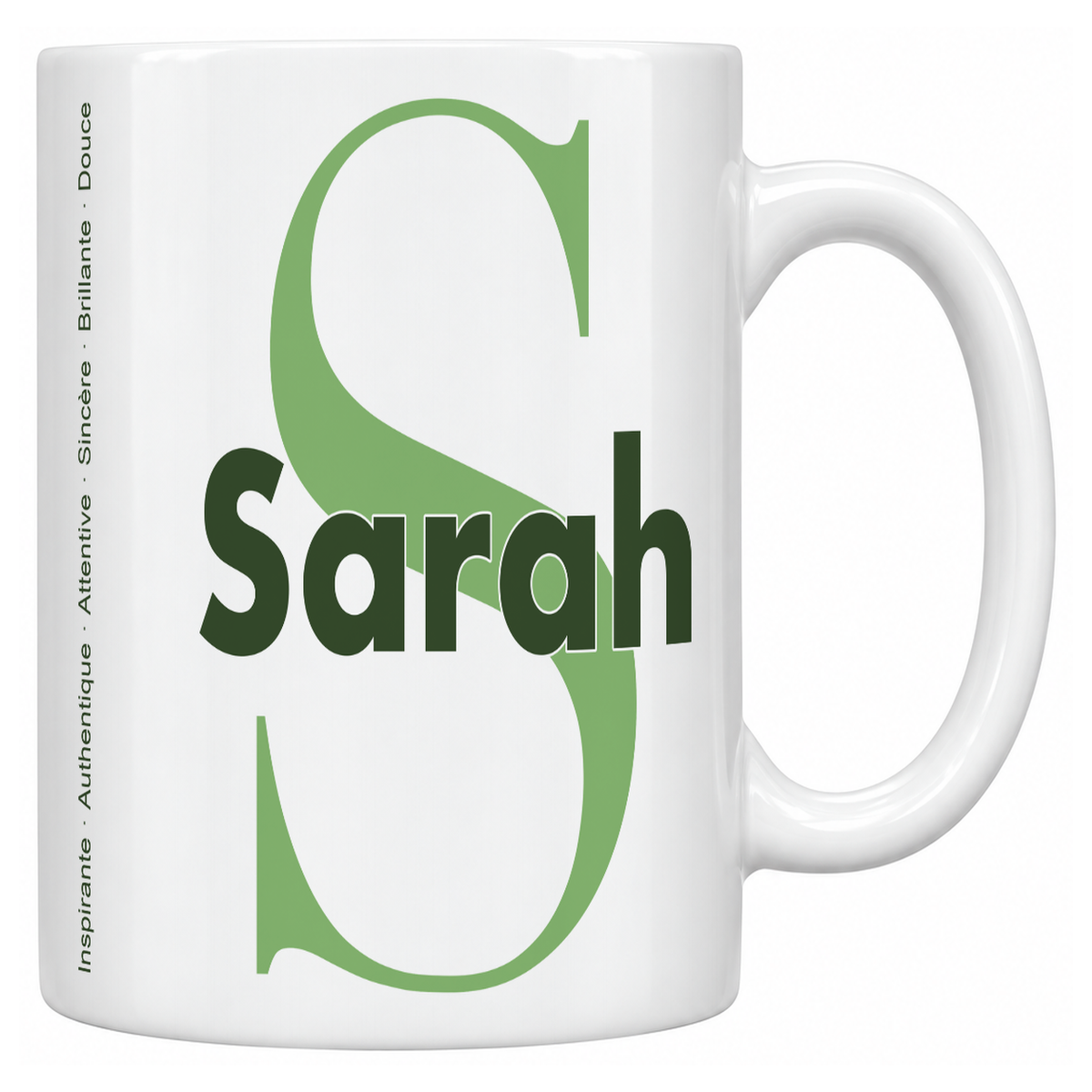 Mug blanc céramique 330 ml prénom Sarah : grande initiale S, prénom Sarah en lettres bold et six qualités verticales sur le côté