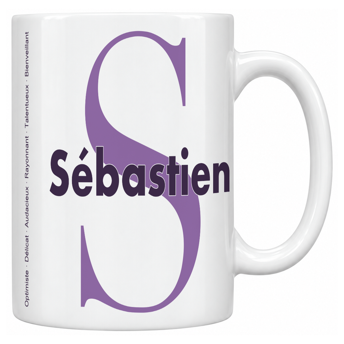 Mug blanc céramique 330 ml prénom Sébastien : grande initiale S, prénom Sébastien en lettres bold et six qualités verticales sur le côté