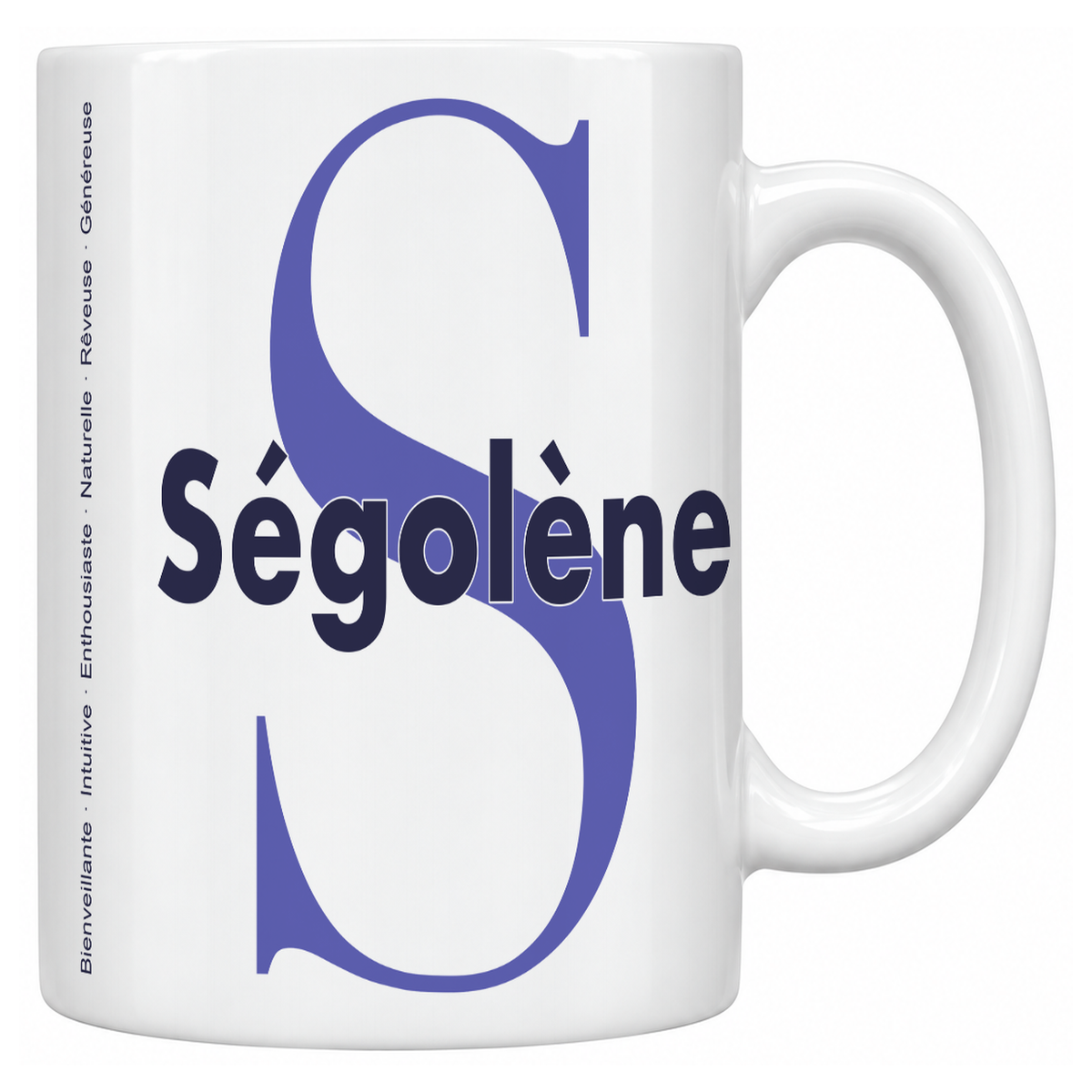 Mug blanc céramique 330 ml prénom Ségolène : grande initiale S, prénom Ségolène en lettres bold et six qualités verticales sur le côté