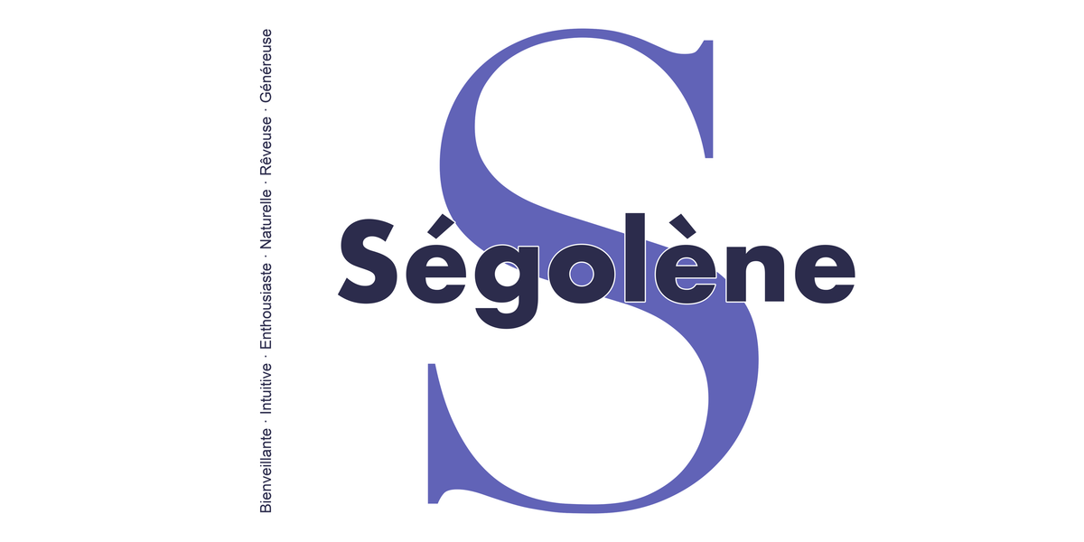 Visuel à plat du mug prénom Ségolène : initiale S pleine hauteur, prénom Ségolène centré et ligne verticale « Bienveillante · Intuitive · Enthousiaste · Naturelle · Rêveuse · Généreuse »
