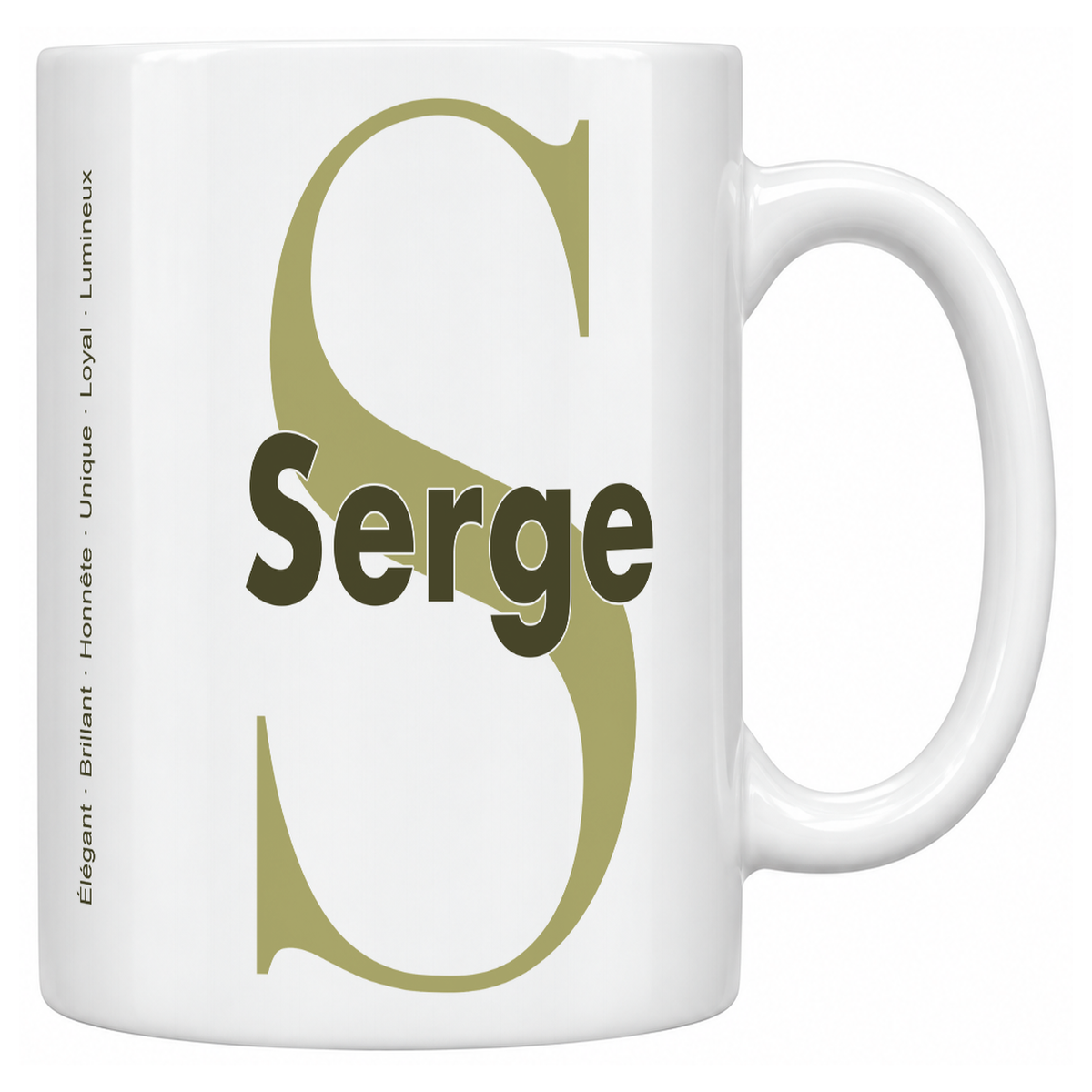 Mug blanc céramique 330 ml prénom Serge : grande initiale S, prénom Serge en lettres bold et six qualités verticales sur le côté