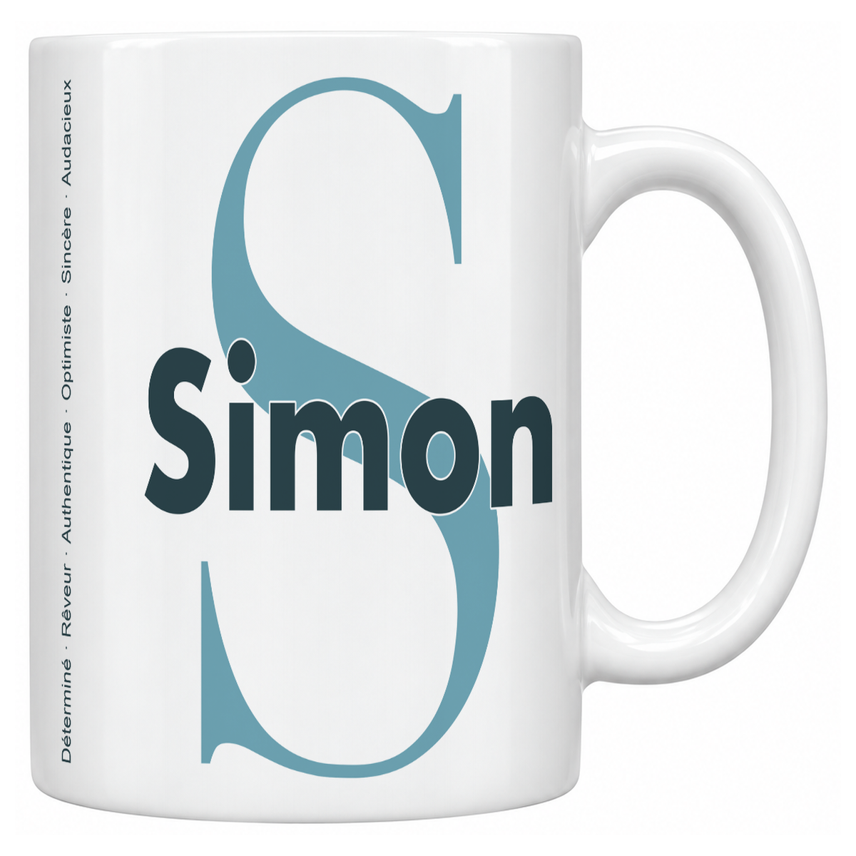 Mug blanc céramique 330 ml prénom Simon : grande initiale S, prénom Simon en lettres bold et six qualités verticales sur le côté