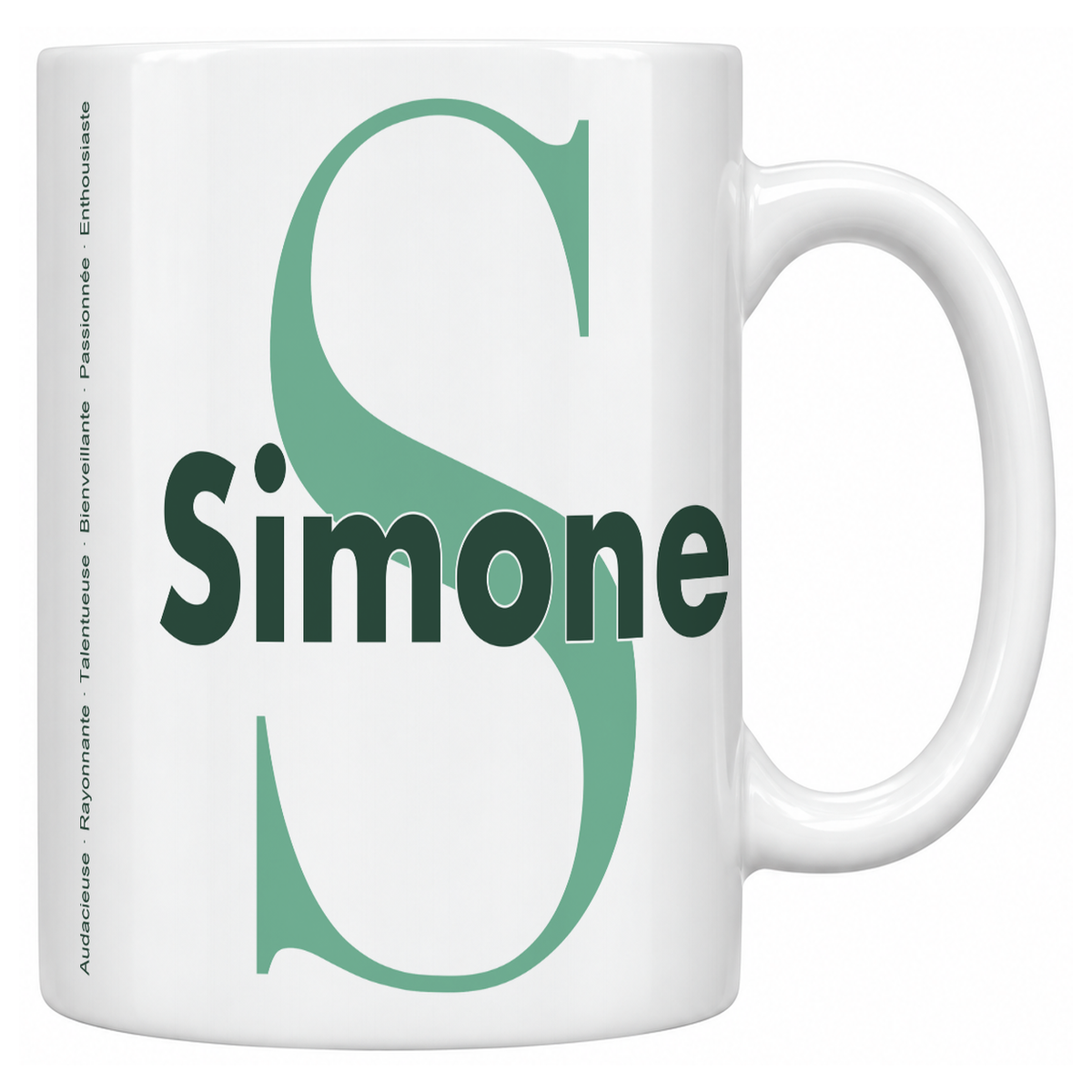 Mug blanc céramique 330 ml prénom Simone : grande initiale S, prénom Simone en lettres bold et six qualités verticales sur le côté