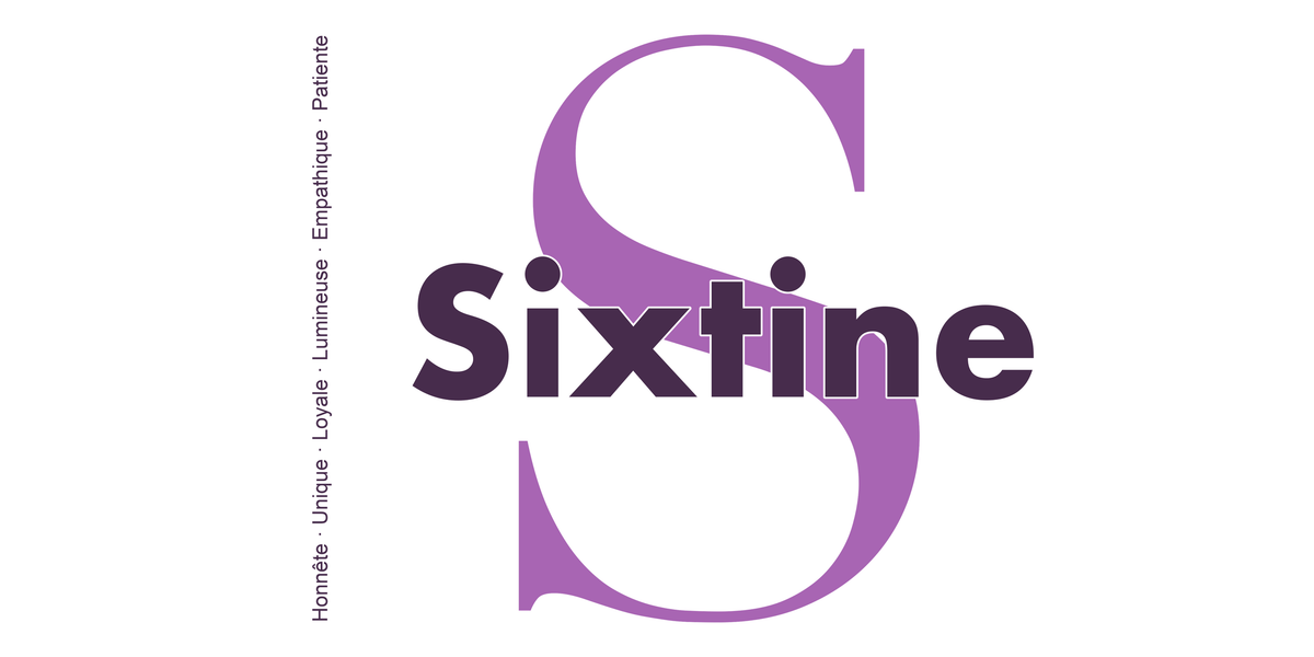 Visuel à plat du mug prénom Sixtine : initiale S pleine hauteur, prénom Sixtine centré et ligne verticale « Honnête · Unique · Loyale · Lumineuse · Empathique · Patiente »