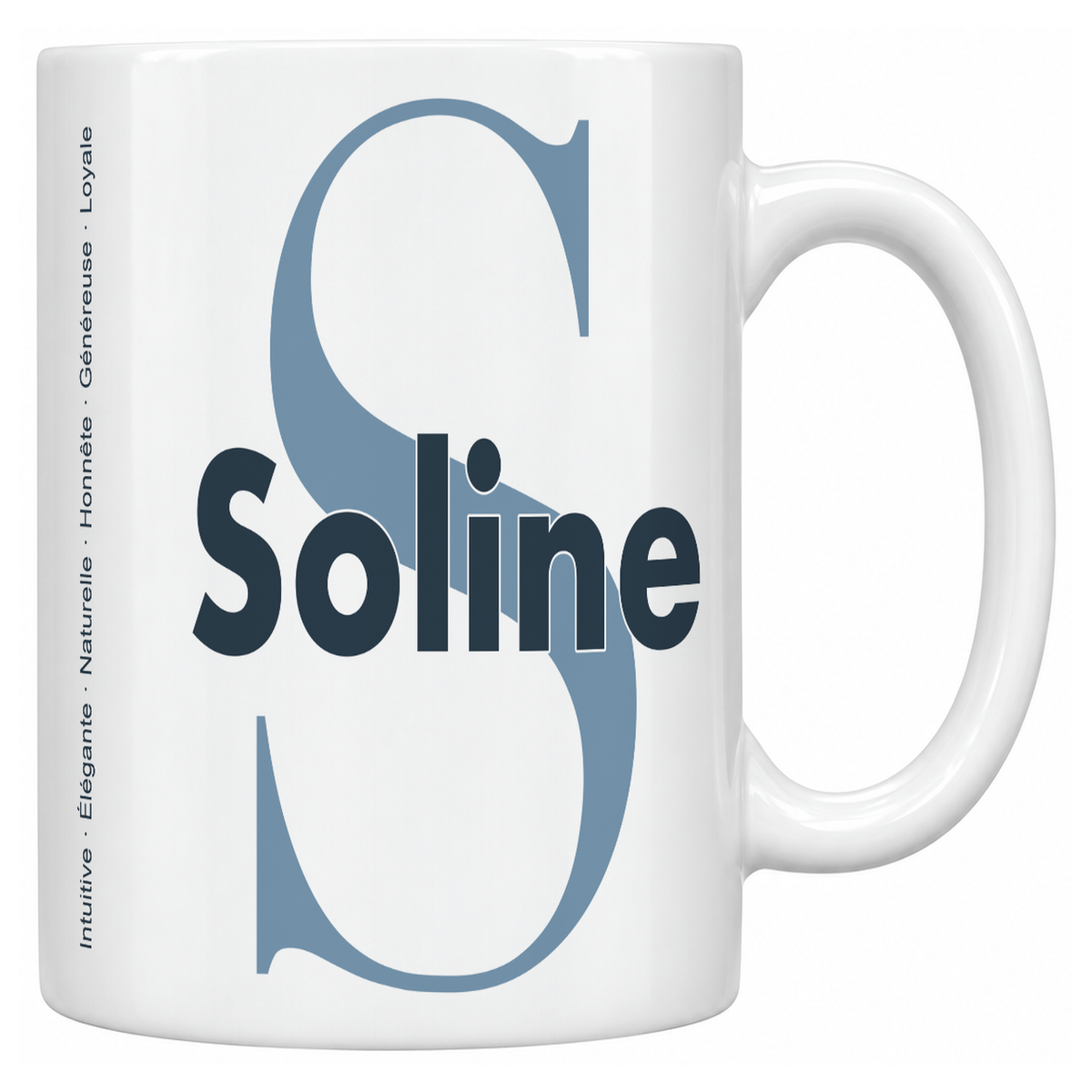 Mug blanc céramique 330 ml prénom Soline : grande initiale S, prénom Soline en lettres bold et six qualités verticales sur le côté