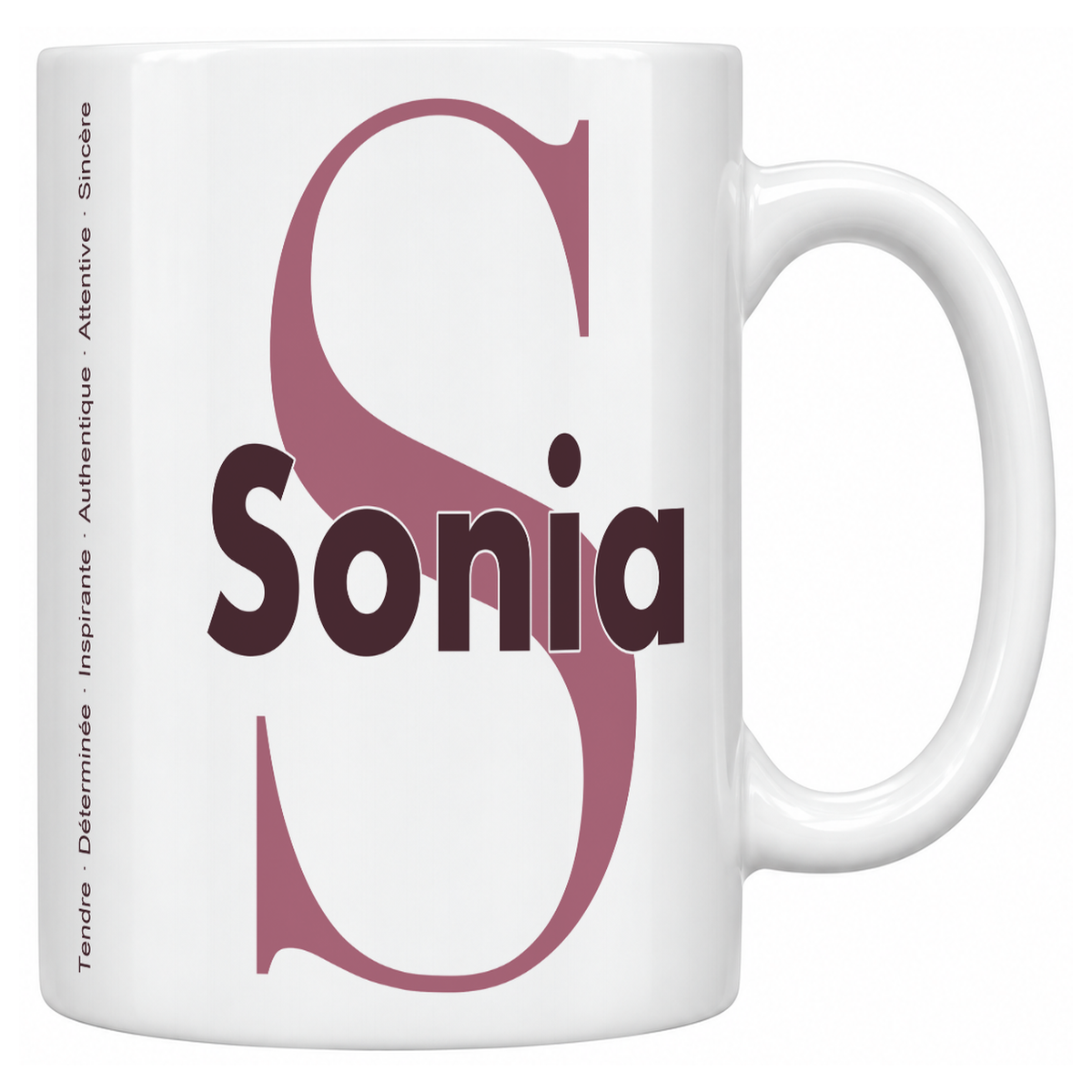 Mug blanc céramique 330 ml prénom Sonia : grande initiale S, prénom Sonia en lettres bold et six qualités verticales sur le côté