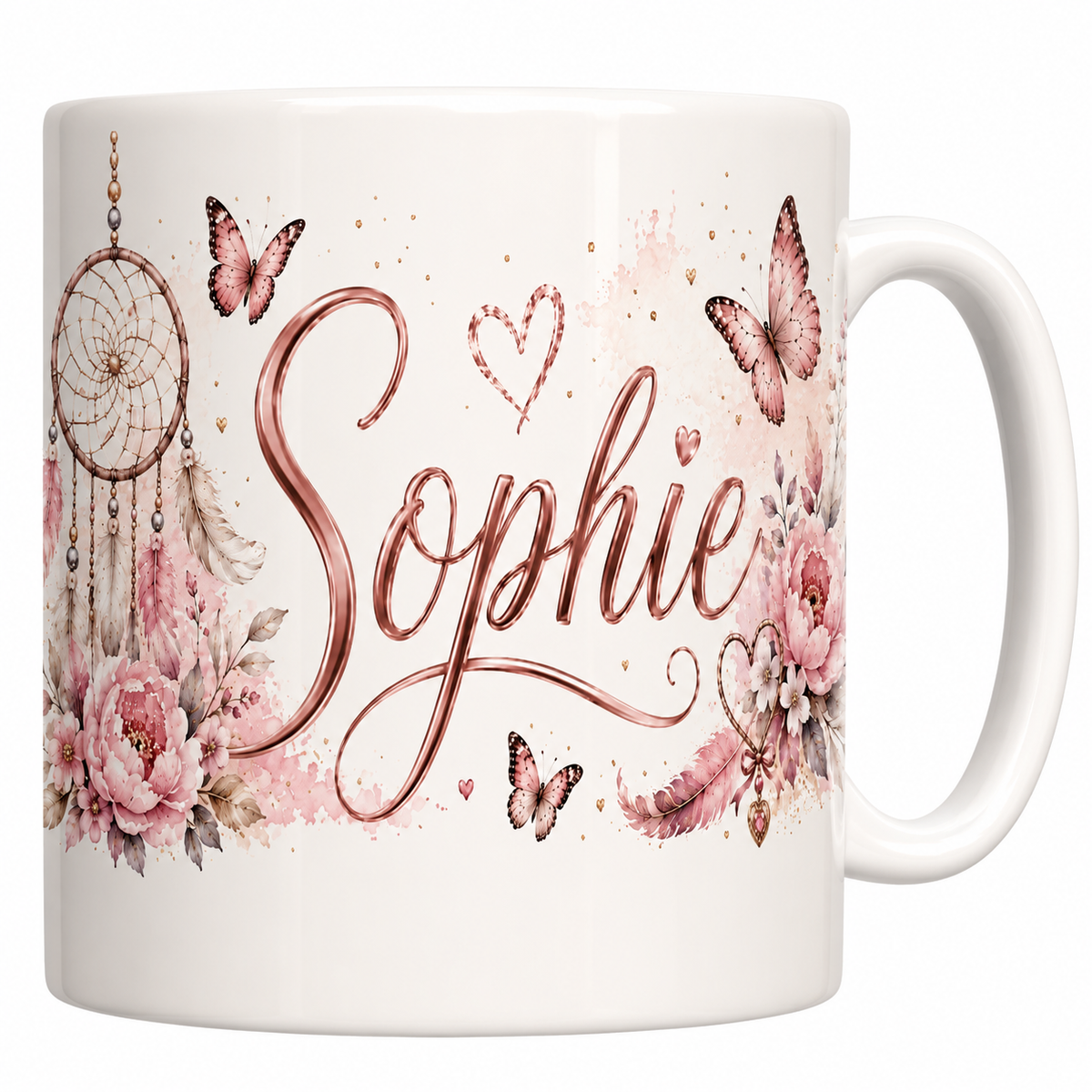 Mug céramique 330 ml prénom Sophie : calligraphie rose doré, attrape-rêves à plumes et roses