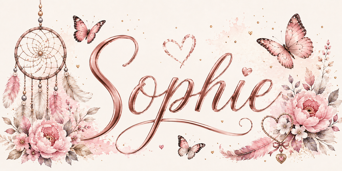 Visuel prénom Sophie : script rose gold, attrape-rêves à plumes, roses poudrées et papillons