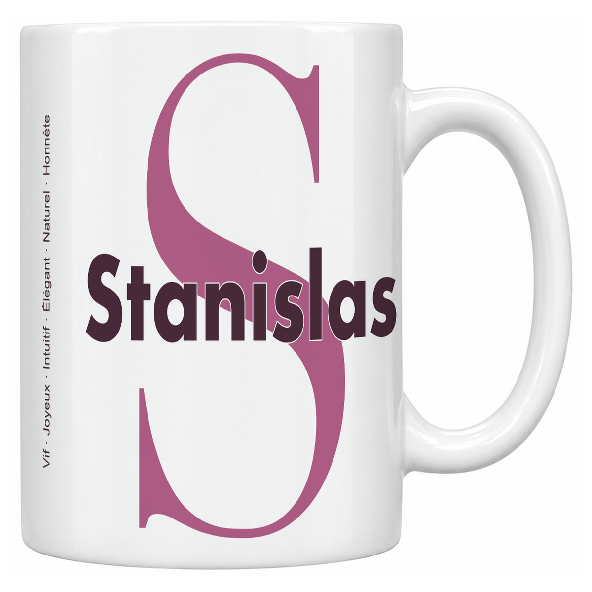 Mug blanc céramique 330 ml prénom Stanislas : grande initiale S, prénom Stanislas en lettres bold et six qualités verticales sur le côté
