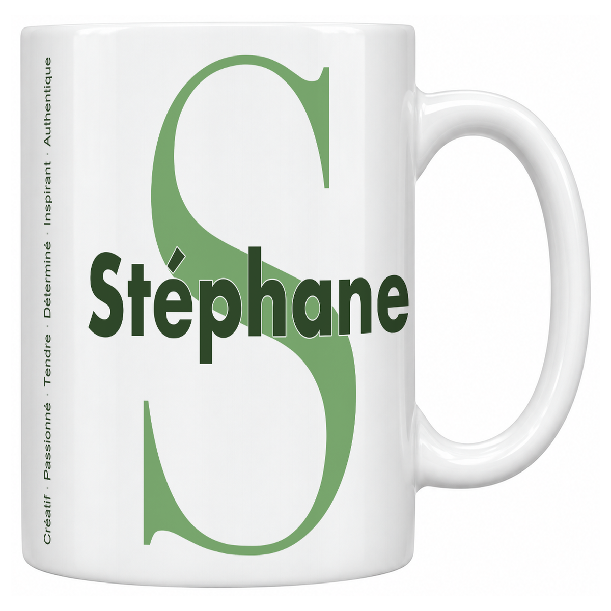 Mug blanc céramique 330 ml prénom Stéphane : grande initiale S, prénom Stéphane en lettres bold et six qualités verticales sur le côté