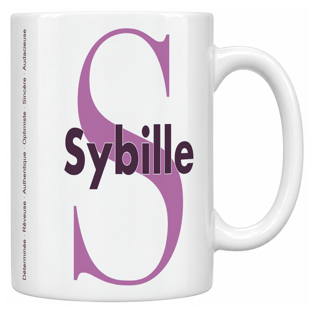 Mug blanc céramique 330 ml prénom Sybille : grande initiale S, prénom Sybille en lettres bold et six qualités verticales sur le côté