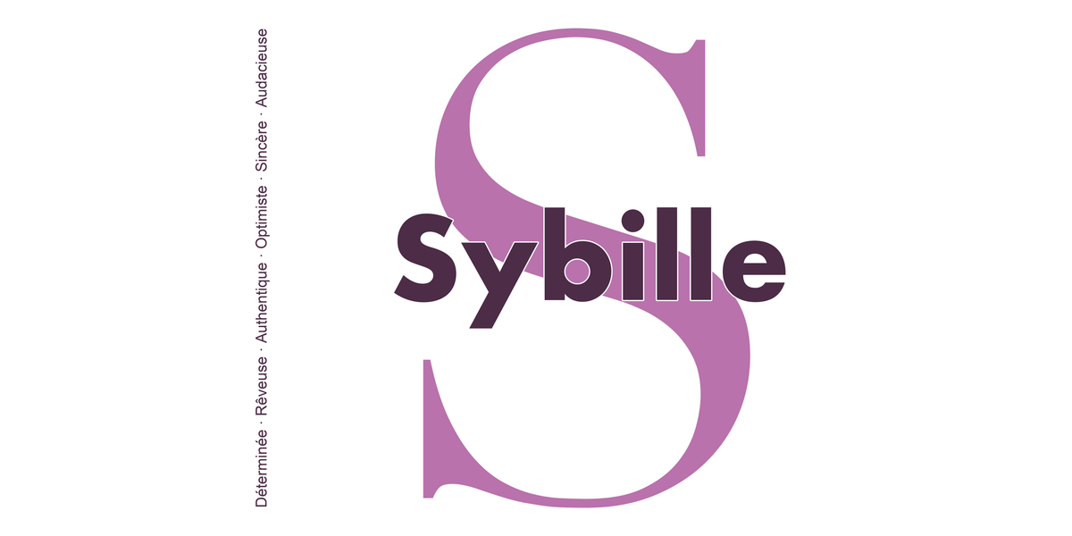 Visuel à plat du mug prénom Sybille : initiale S pleine hauteur, prénom Sybille centré et ligne verticale « Déterminée · Rêveuse · Authentique · Optimiste · Sincère · Audacieuse »