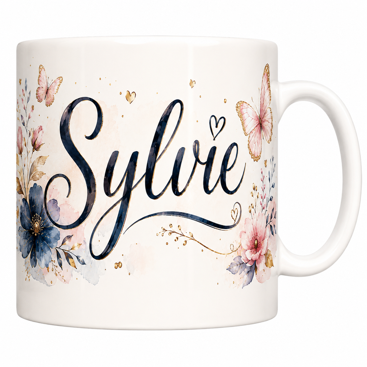 Mug Prénom Sylvie en céramique blanche, calligraphie bleu nuit lisérée d'or, papillons et pivoine bleue