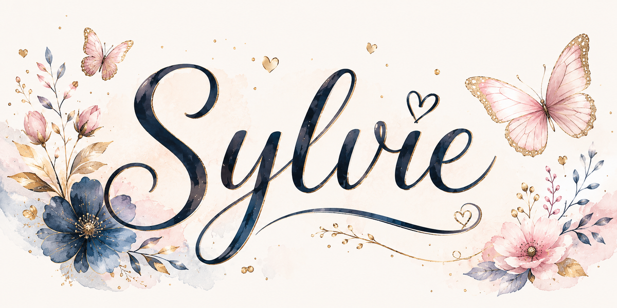 Visuel prénom Sylvie : calligraphie bleu nuit et or, papillons roses, pivoine et cœurs dorés