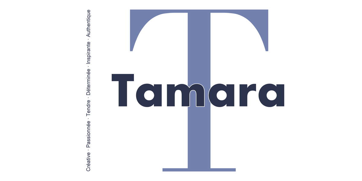 Visuel à plat du mug prénom Tamara : initiale T pleine hauteur, prénom Tamara centré et ligne verticale « Créative · Passionnée · Tendre · Déterminée · Inspirante · Authentique »