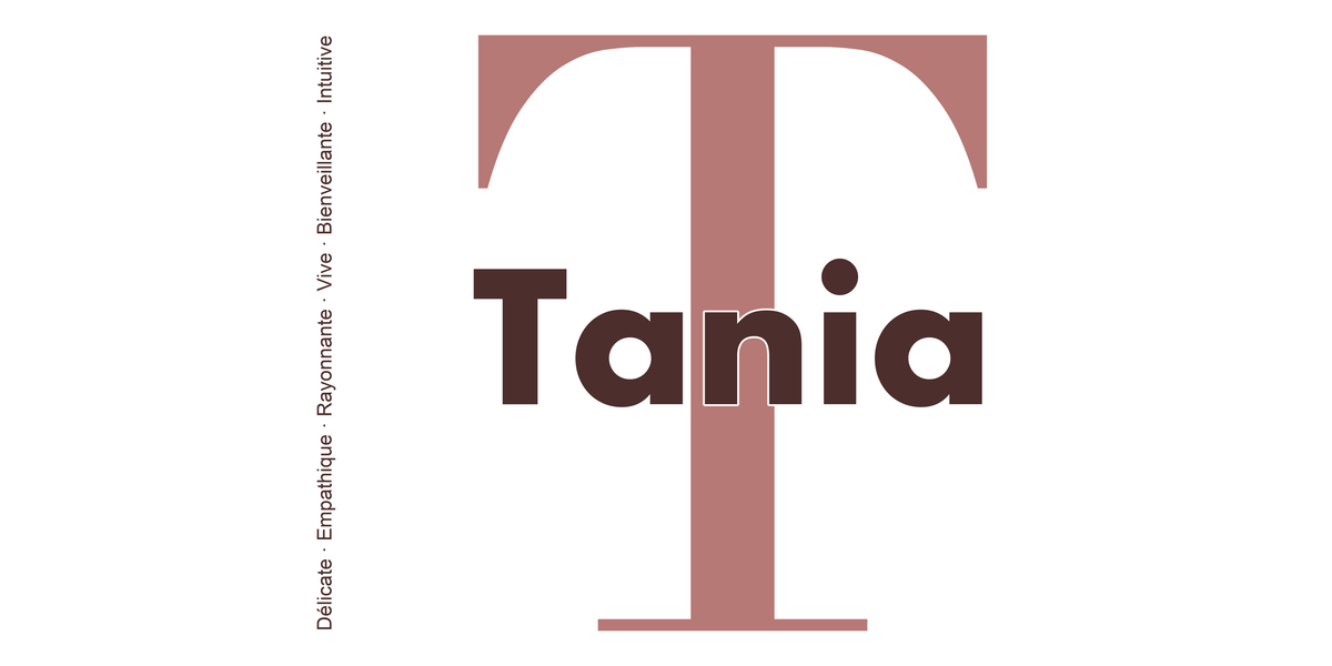 Visuel à plat du mug prénom Tania : initiale T pleine hauteur, prénom Tania centré et ligne verticale « Délicate · Empathique · Rayonnante · Vive · Bienveillante · Intuitive »