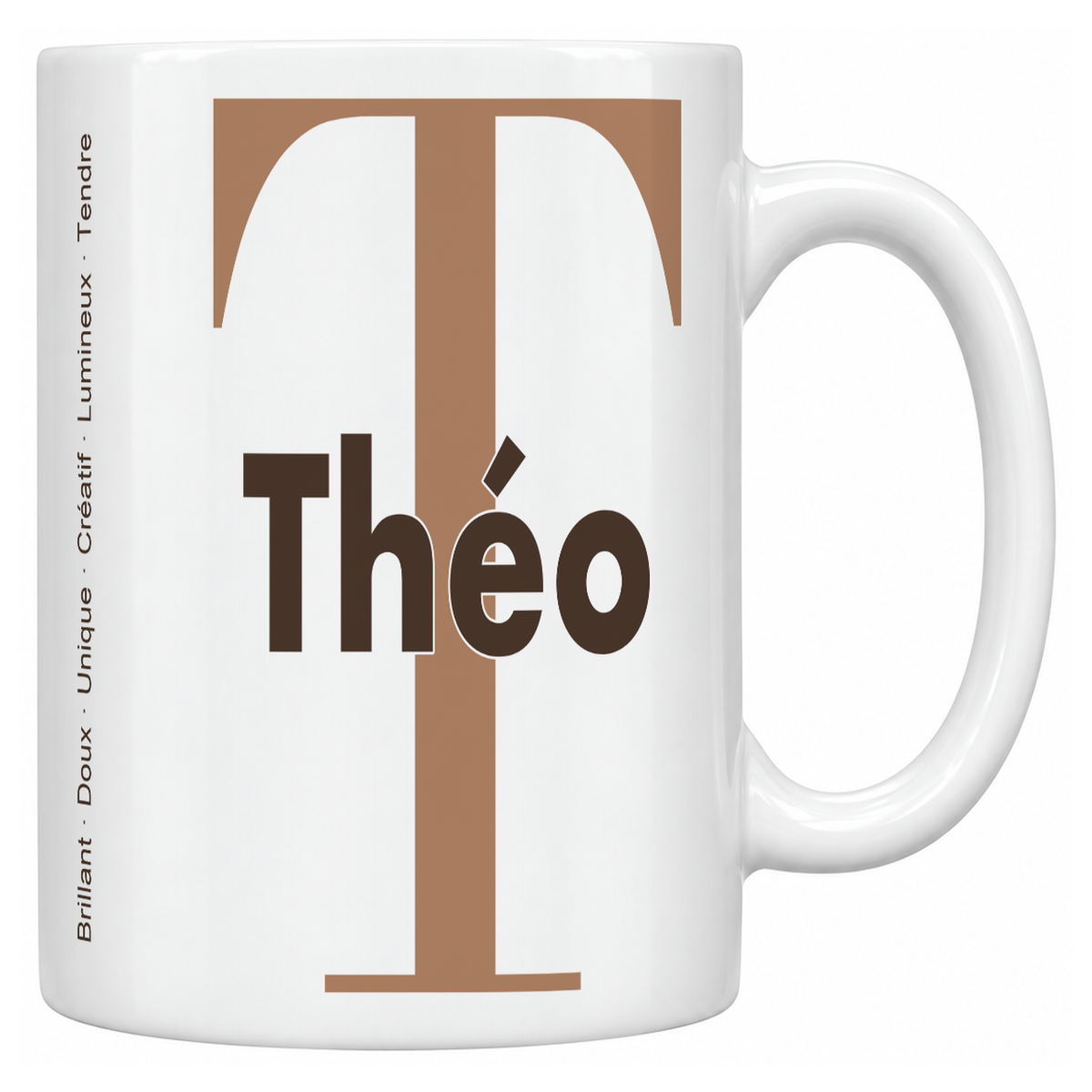 Mug blanc céramique 330 ml prénom Théo : grande initiale T, prénom Théo en lettres bold et six qualités verticales sur le côté