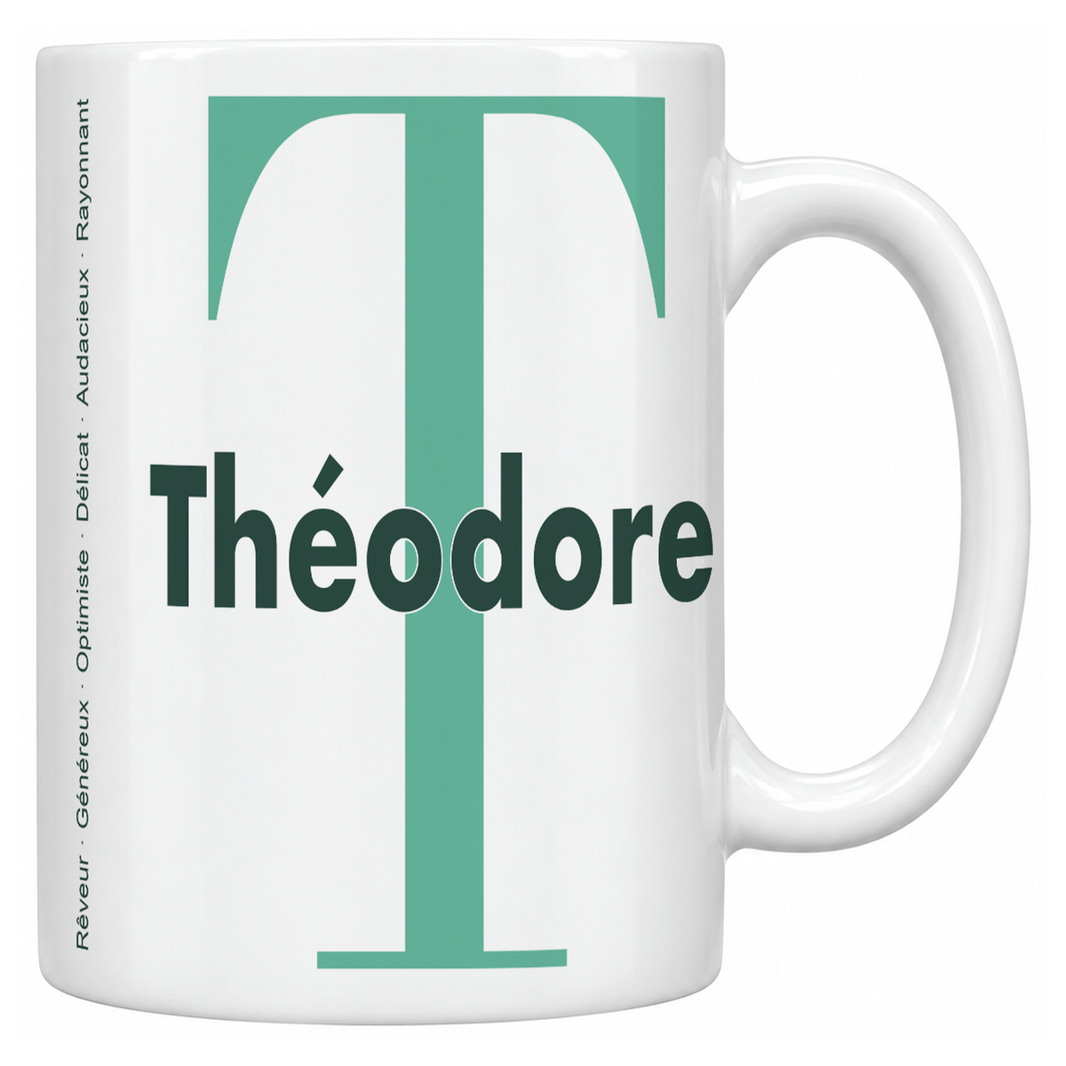 Mug blanc céramique 330 ml prénom Théodore : grande initiale T, prénom Théodore en lettres bold et six qualités verticales sur le côté