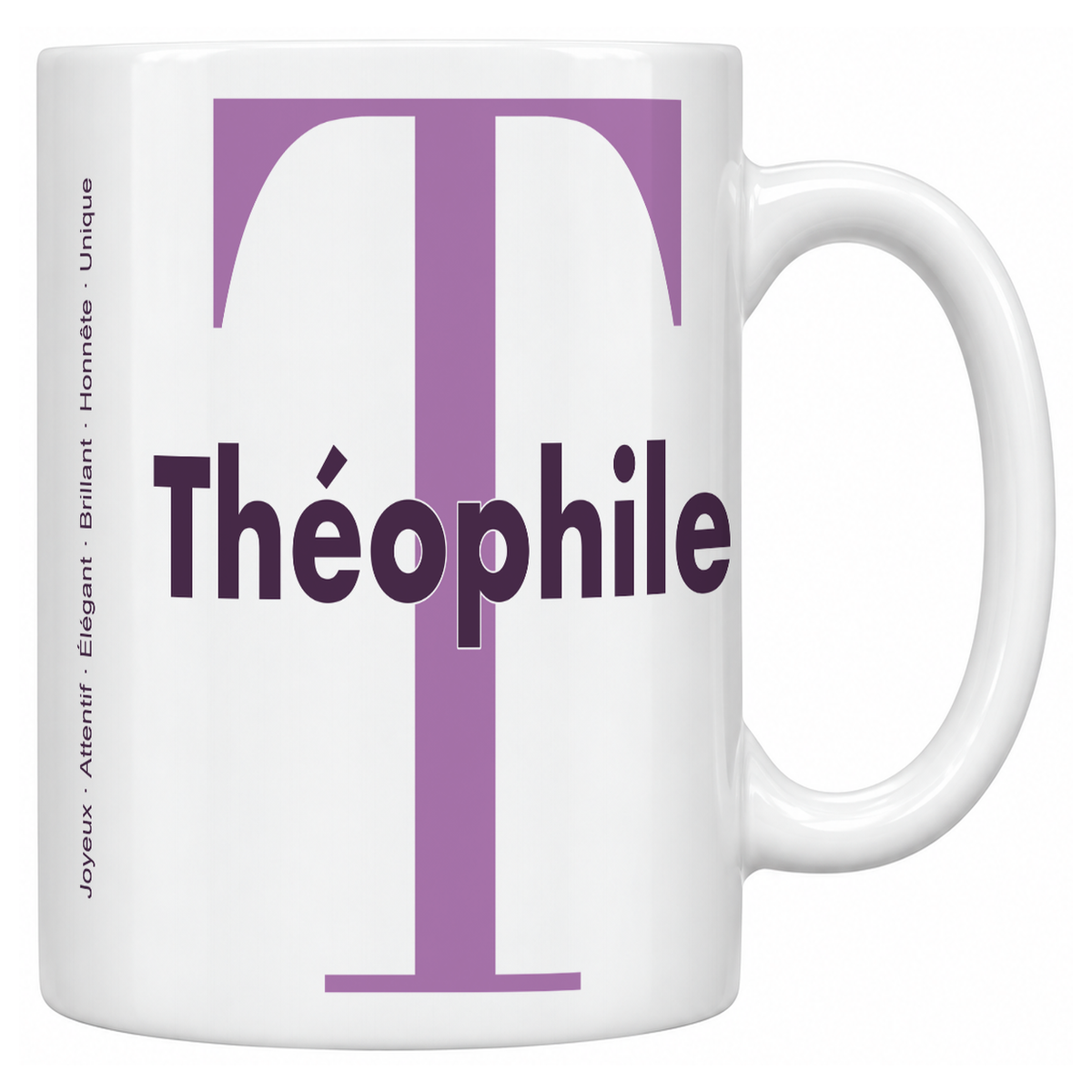 Mug blanc céramique 330 ml prénom Théophile : grande initiale T, prénom Théophile en lettres bold et six qualités verticales sur le côté