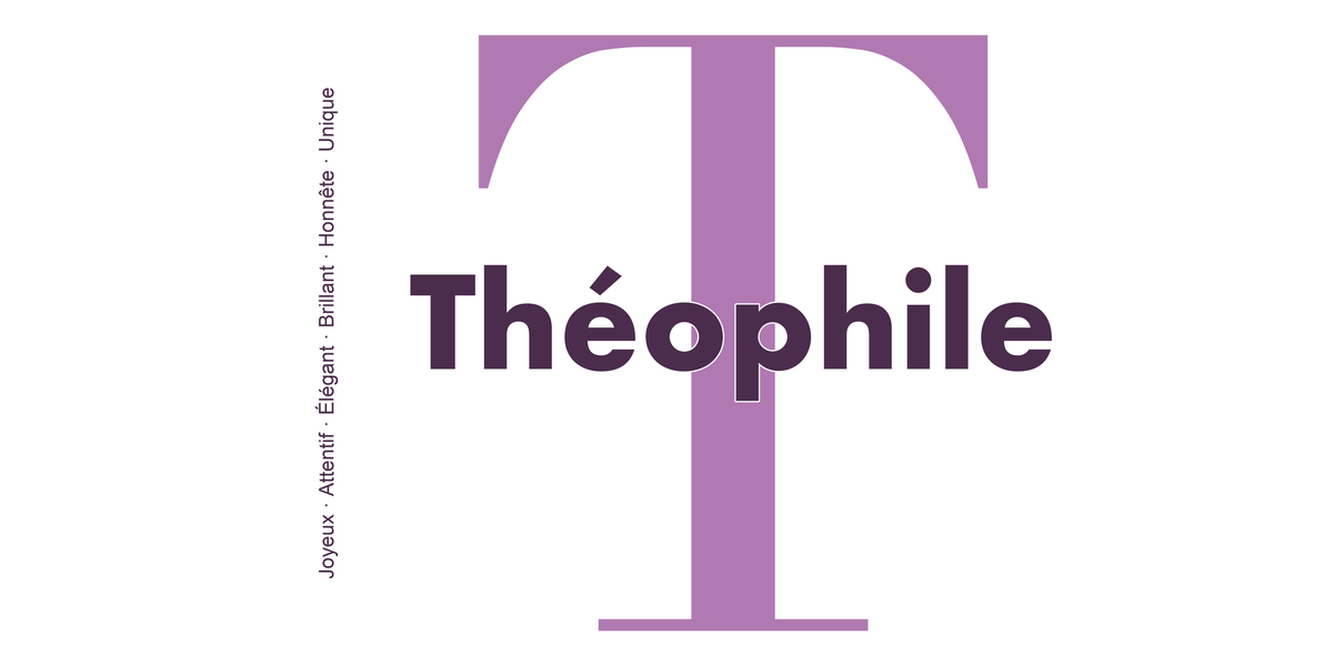 Visuel à plat du mug prénom Théophile : initiale T pleine hauteur, prénom Théophile centré et ligne verticale « Joyeux · Attentif · Élégant · Brillant · Honnête · Unique »