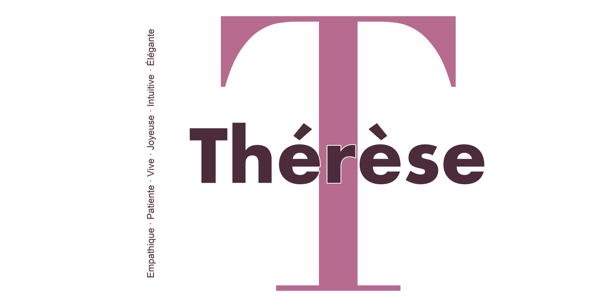 Visuel à plat du mug prénom Thérèse : initiale T pleine hauteur, prénom Thérèse centré et ligne verticale « Empathique · Patiente · Vive · Joyeuse · Intuitive · Élégante »