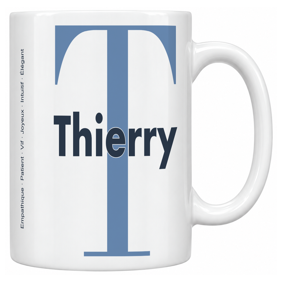 Mug blanc céramique 330 ml prénom Thierry : grande initiale T, prénom Thierry en lettres bold et six qualités verticales sur le côté