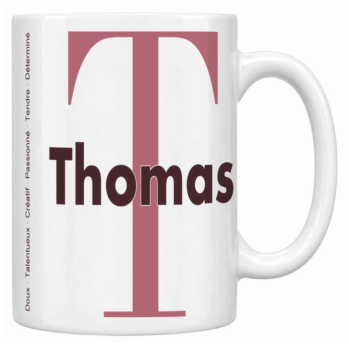 Mug blanc céramique 330 ml prénom Thomas : grande initiale T, prénom Thomas en lettres bold et six qualités verticales sur le côté