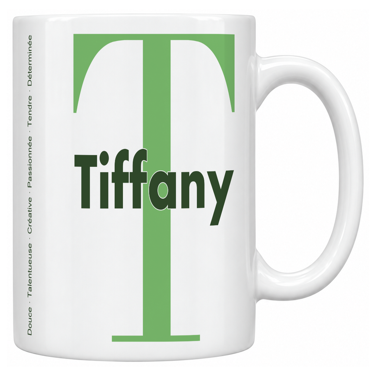 Mug blanc céramique 330 ml prénom Tiffany : grande initiale T, prénom Tiffany en lettres bold et six qualités verticales sur le côté