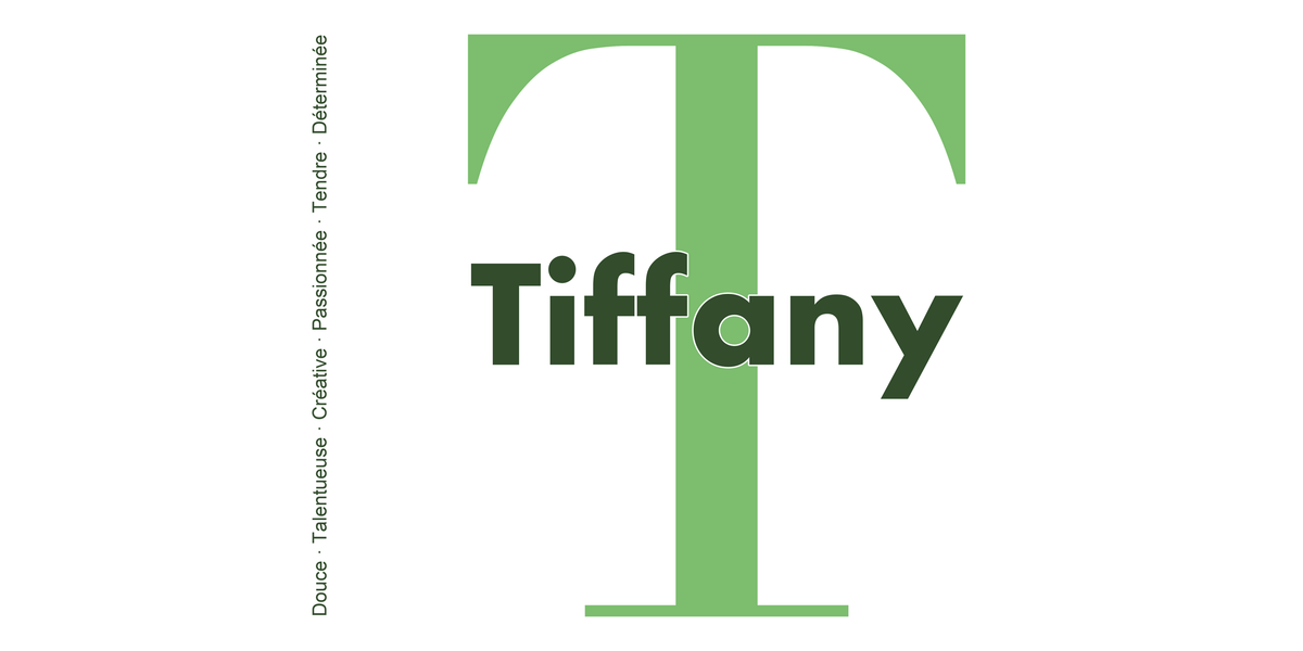 Visuel à plat du mug prénom Tiffany : initiale T pleine hauteur, prénom Tiffany centré et ligne verticale « Douce · Talentueuse · Créative · Passionnée · Tendre · Déterminée »