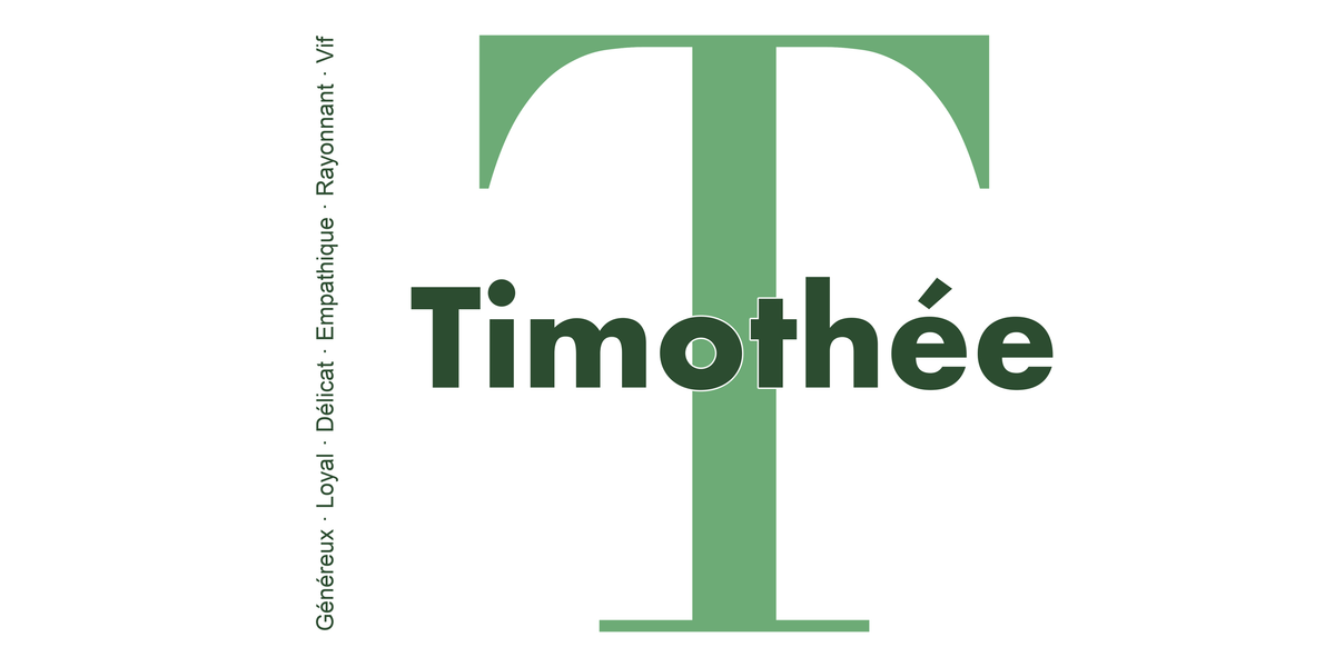 Visuel à plat du mug prénom Timothée : initiale T pleine hauteur, prénom Timothée centré et ligne verticale « Généreux · Loyal · Délicat · Empathique · Rayonnant · Vif »