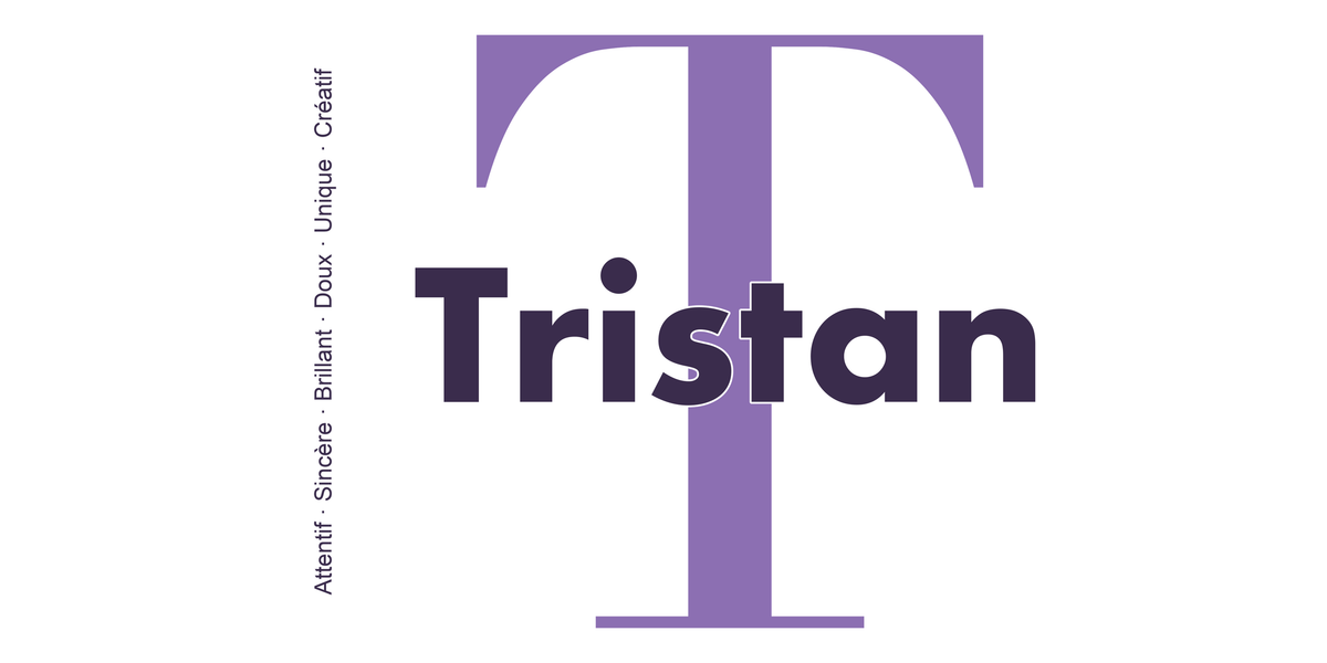 Visuel à plat du mug prénom Tristan : initiale T pleine hauteur, prénom Tristan centré et ligne verticale « Attentif · Sincère · Brillant · Doux · Unique · Créatif »