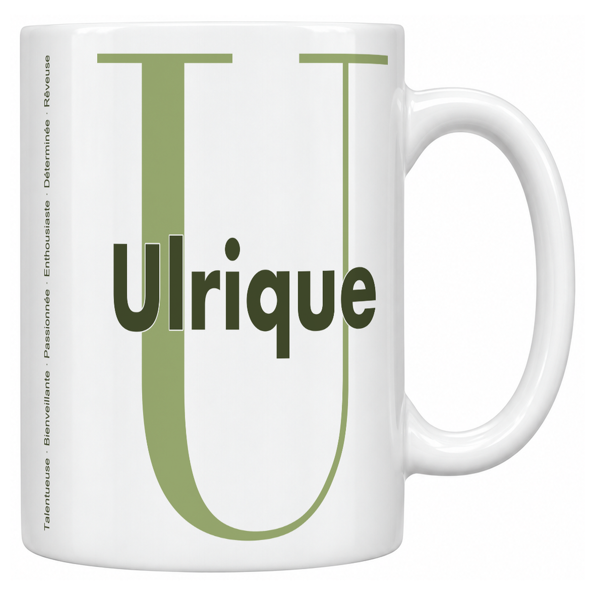 Mug blanc céramique 330 ml prénom Ulrique : grande initiale U, prénom Ulrique en lettres bold et six qualités verticales sur le côté