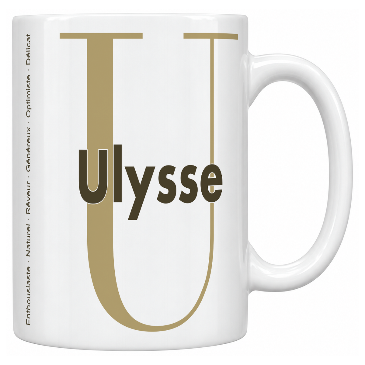 Mug blanc céramique 330 ml prénom Ulysse : grande initiale U, prénom Ulysse en lettres bold et six qualités verticales sur le côté
