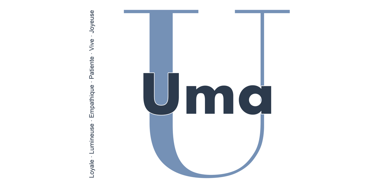 Visuel à plat du mug prénom Uma : initiale U pleine hauteur, prénom Uma centré et ligne verticale « Loyale · Lumineuse · Empathique · Patiente · Vive · Joyeuse »
