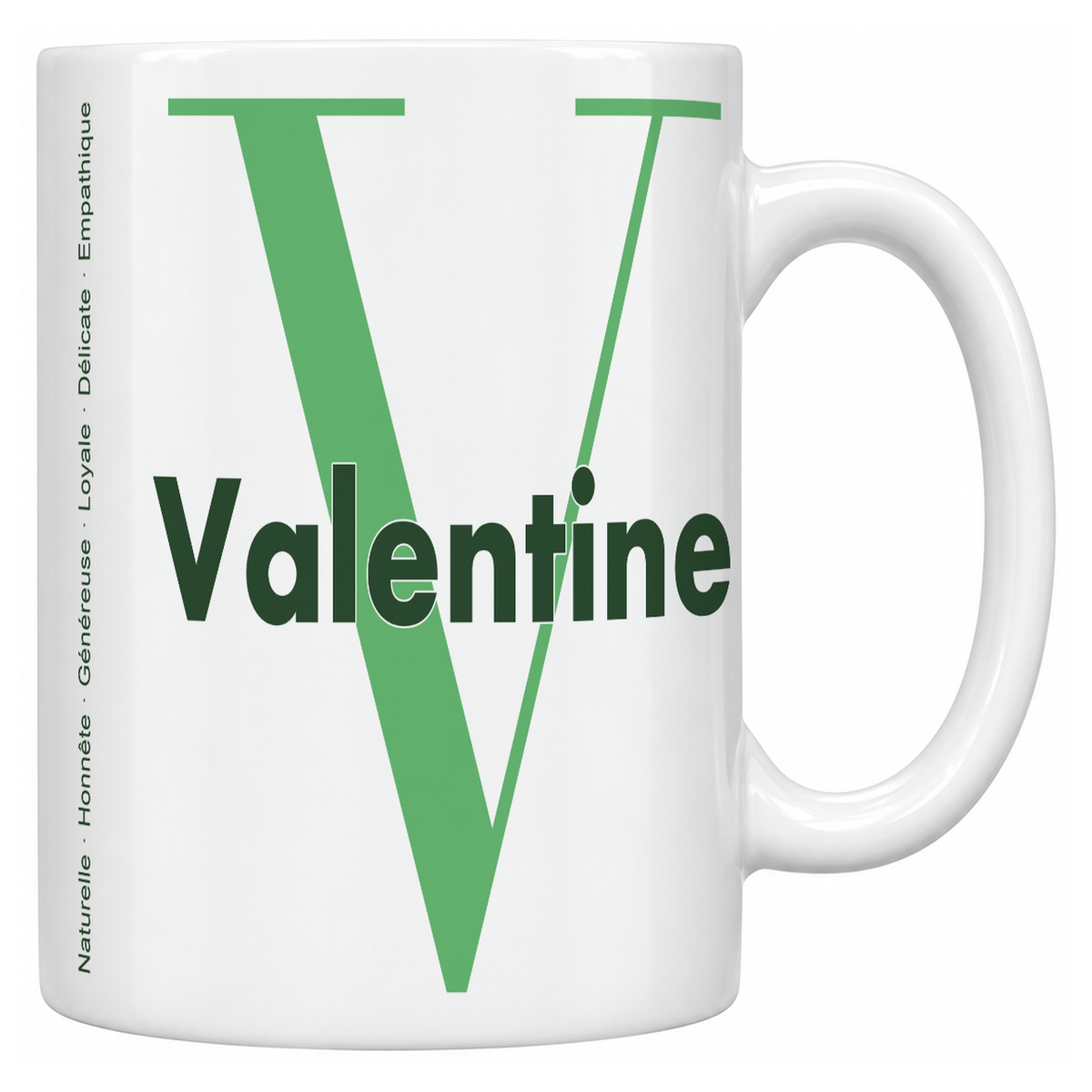 Mug blanc céramique 330 ml prénom Valentine : grande initiale V, prénom Valentine en lettres bold et six qualités verticales sur le côté