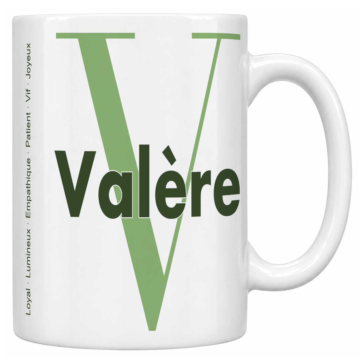 Mug blanc céramique 330 ml prénom Valère : grande initiale V, prénom Valère en lettres bold et six qualités verticales sur le côté